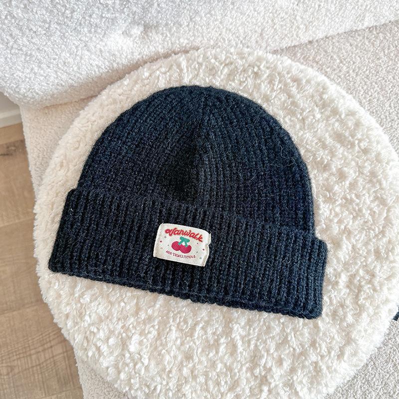 Autumn and Winter Embroidered Cloth Label Cherry Woolen Hat Korean Style Simple Face Showing Small Cold Hat Ear Protection Pullover Head Woolen Hat