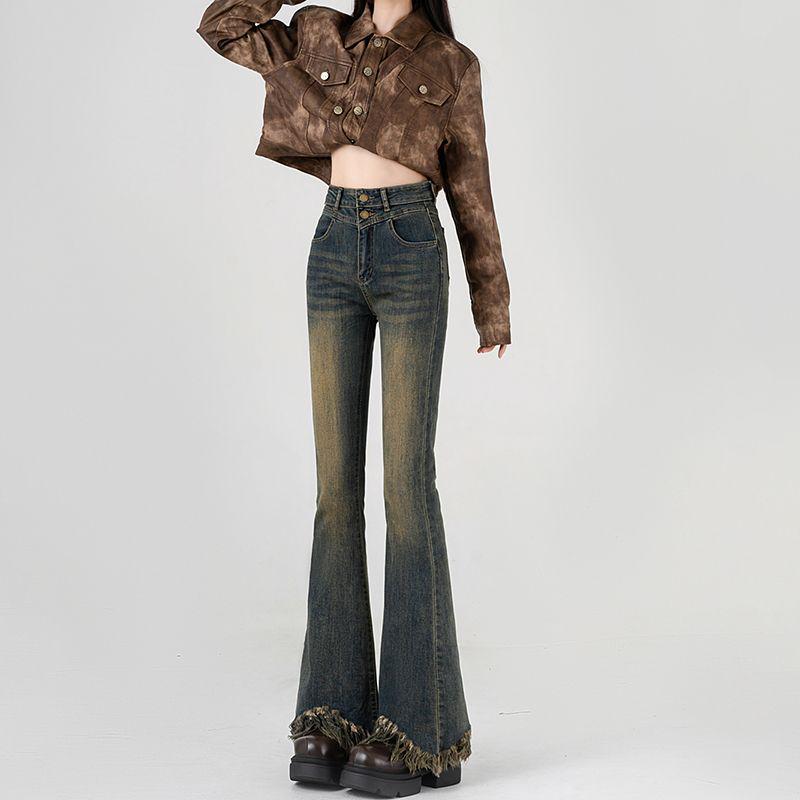 2025 Retro High-Waisted Micro-Flare Jeans for Women - Petite, Elastic, Slimming, Tassel Design, Spring/Autumn Collection L