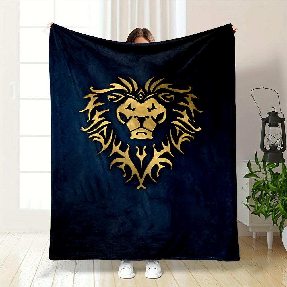 Golden Lion Crest on Dark Blue Background Patterned flannel blanket perfect for the bedroom living room, sofa, or a little nap