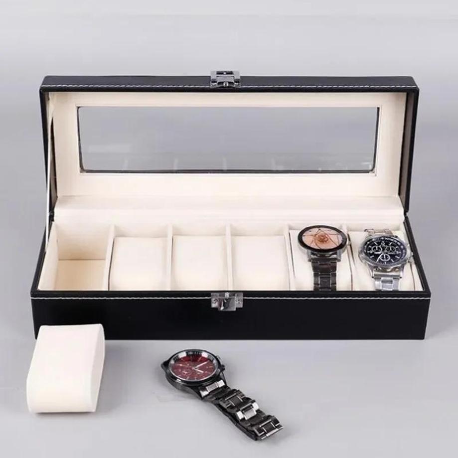 6 Slots Leather Watch Storage Box Organizer New Mechanical Mens Watch Display Holder Cases Black Jewelry Gift Boxes Case