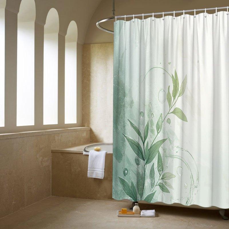 1pc Minimalist Leafy Branch Shower Curtain - Green Leaves & Bubble Shapes, 70.8x70.8", Polyester, 12 Hooks, Washable
