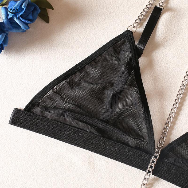 Women's Sexy Seamless Underwear Bra Thongs Metal Chain Lingerie Set Sexy Lace Translucent Bra Set