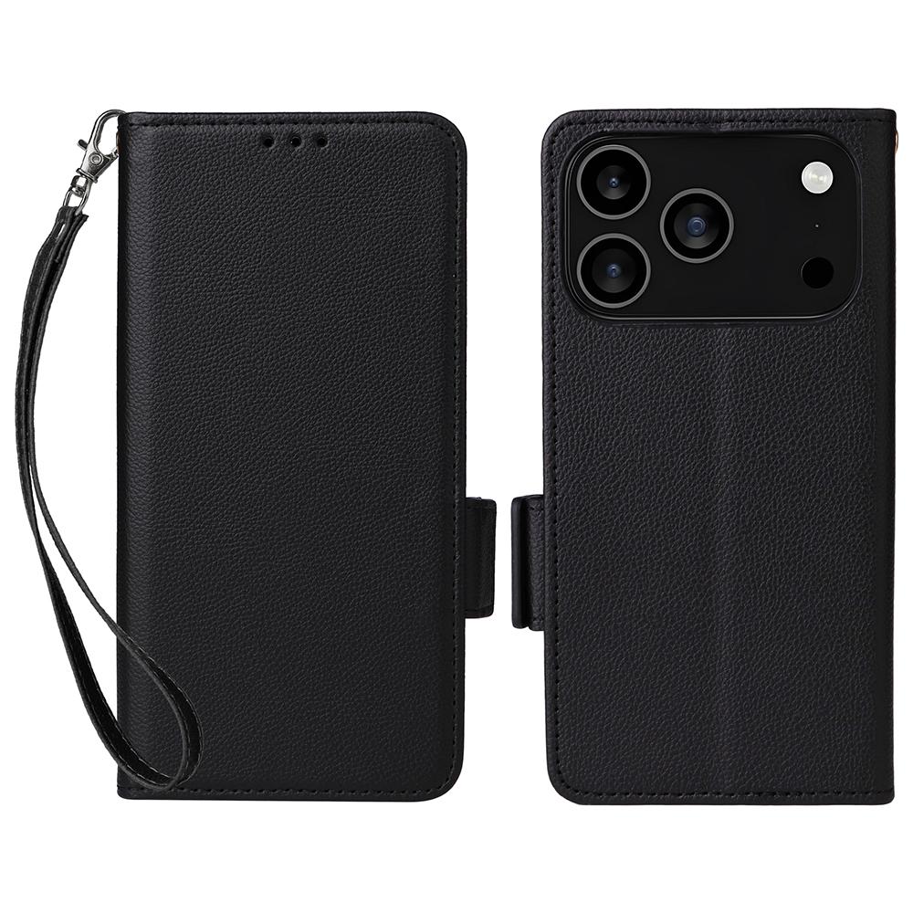 For iPhone 17 Pro Case with Wrist Strap Litchi Texture PU Leather Wallet Phone Cover