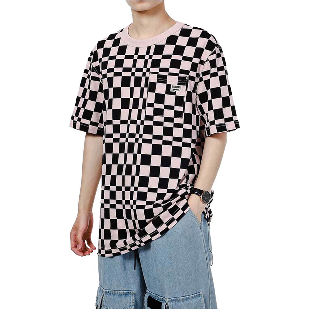 PUMA Checkered Loose Sport Short Sleeve T-Shirt With Dropped Shoulders Men Tops Pink 533033-36
