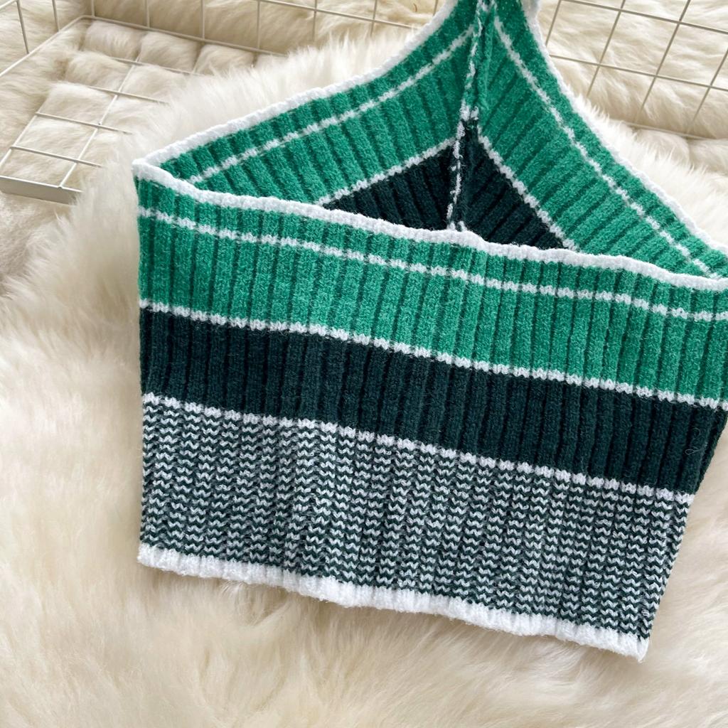 Summer Women Sexy Knitted Striped Sweater Halter Tops Vest and Mini Short Bodycon Sheath Skirt Two Piece Set