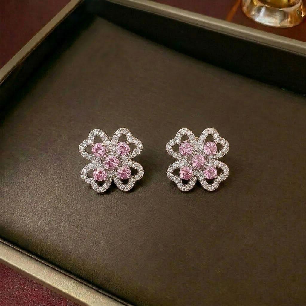 European & American Women's Zircon Flower Necklace & Rotatable Pendant Earrings Set