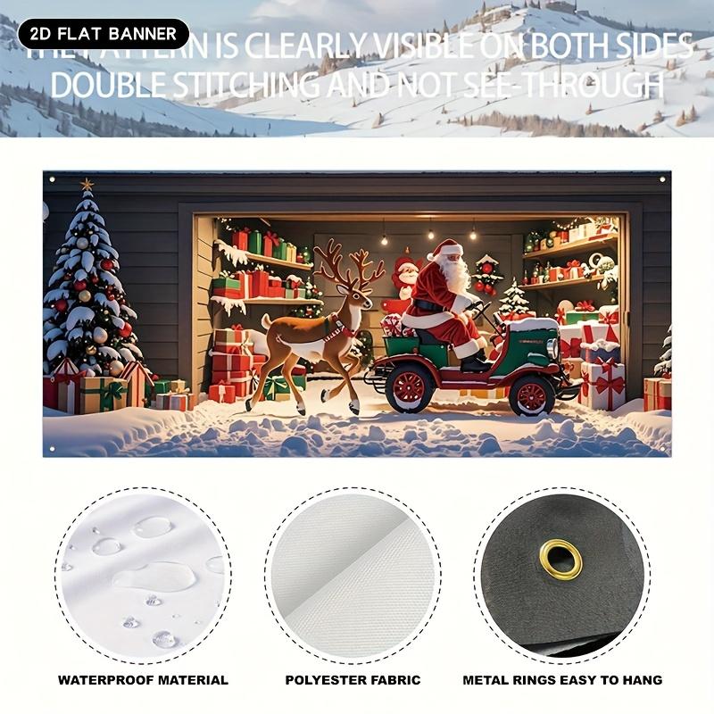2D flat single piece oversized Christmas garage door banner - Santa Claus and reindeer winter scene decoration