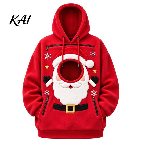 Cozy Fleece Pet Pocket Unisex Pouch Christmas Hoodie, Cute Dog Cat Carrier Hooded Sweatshirt with Small Holder Top Graphic, Lined Animal Pullover