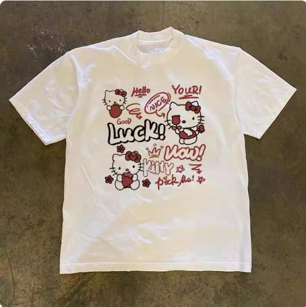 

Sanrio 2026 Summer Comic Form Hello Kitty Image 100 Cotton Printed Casual Tshirt Adult Children Parentchild Top Casual Wear S