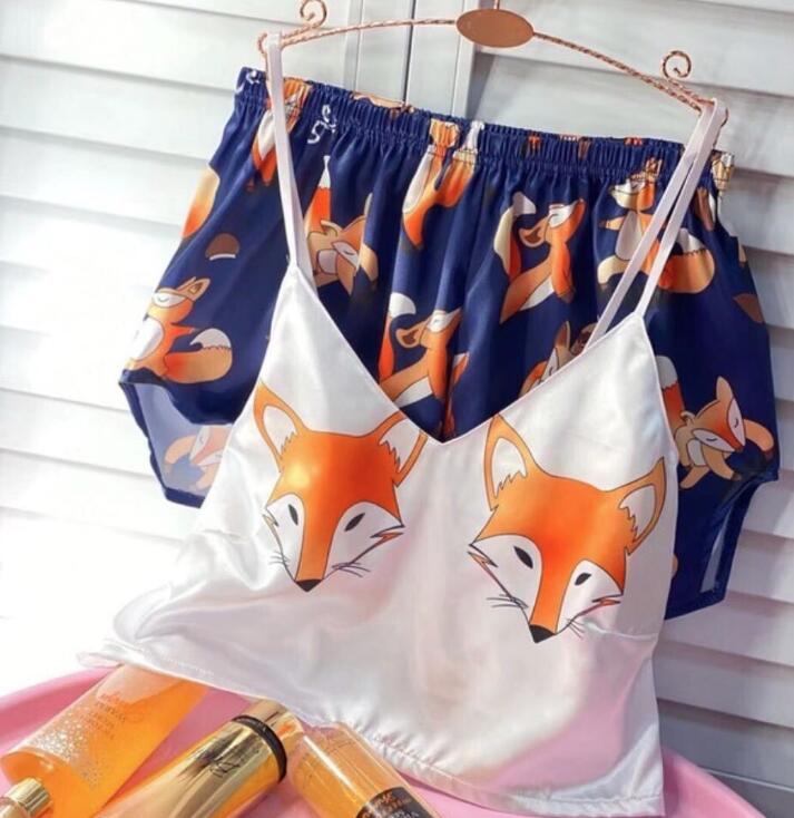 

Fashion Women s Print Pajamas Set Sleeveless Camisole Elastic Waist Shorts 2XL синій