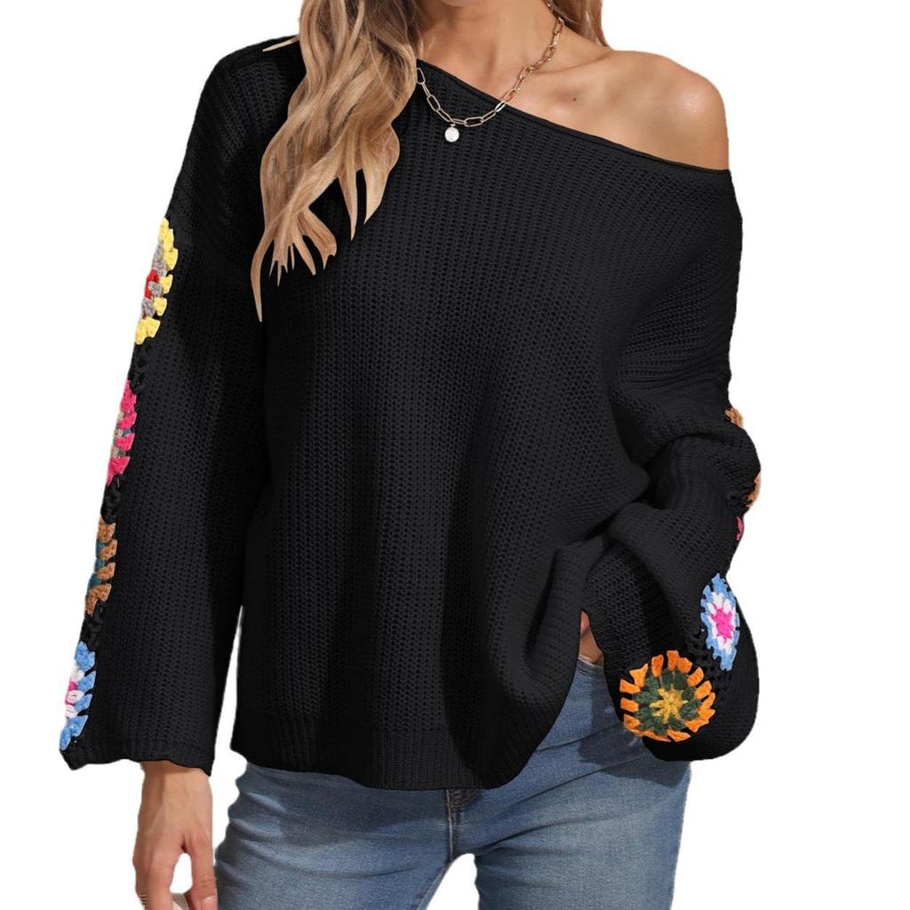 Women's One-Shoulder Loose Pullover Sweater - Mixed Colors Crochet Design for Fall/Winter
