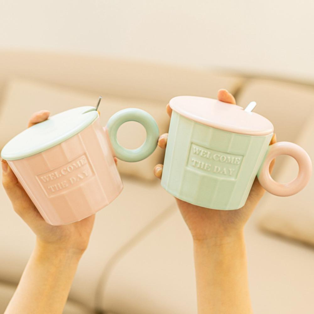 ins wind contrasting color mug with lid spoon high value ceramic cup creative design water cup office coffee