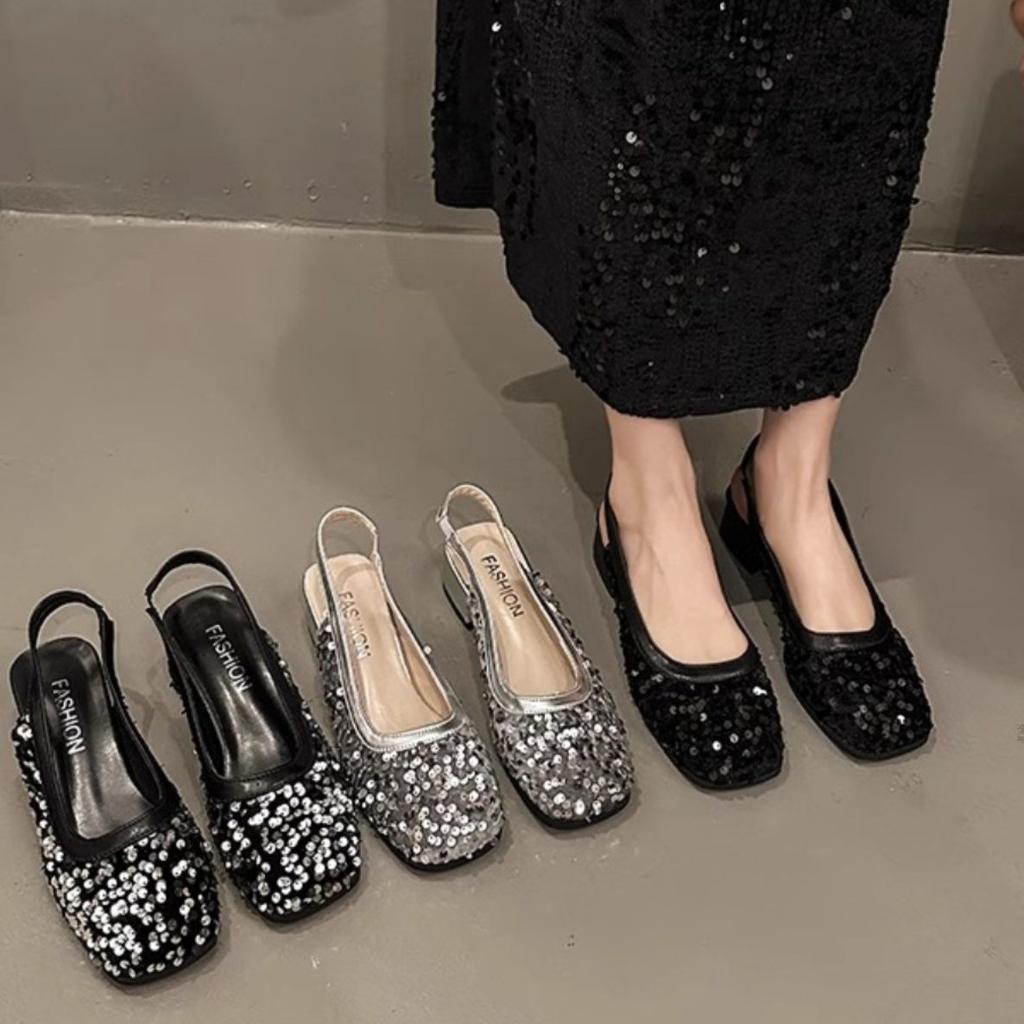 French Bag Head Shallow Mouth Mary Jane Shoes 2025 New Sequined Fairy Style Thick Heel Pedal Sequined Cool Slippers Woman