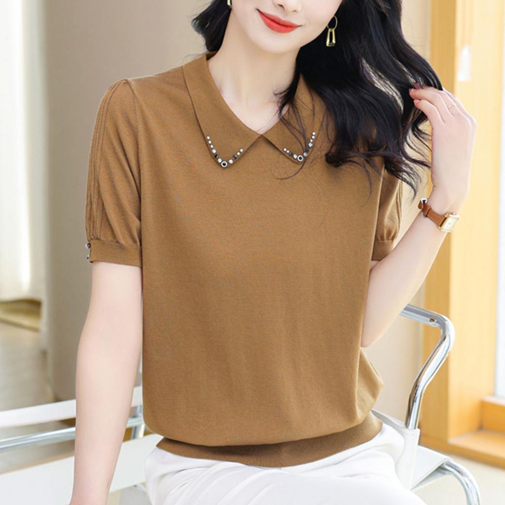 Women's Ice Silk Knitted T-shirt with Collar Mom's Clothing Summer Loose Stylish Short Top