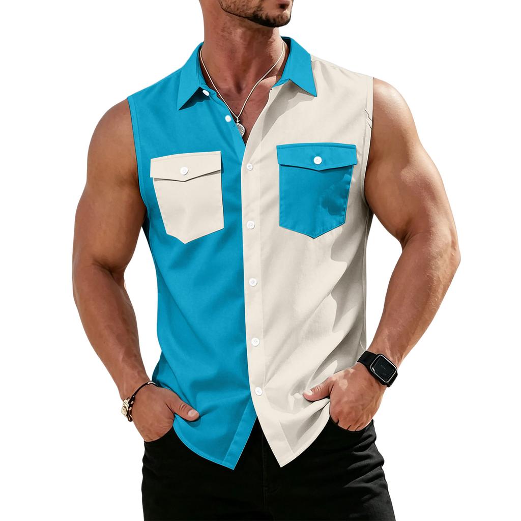 Men's Workwear Lapel Button-Down Vest Shirt - Lightweight Sleeveless Top