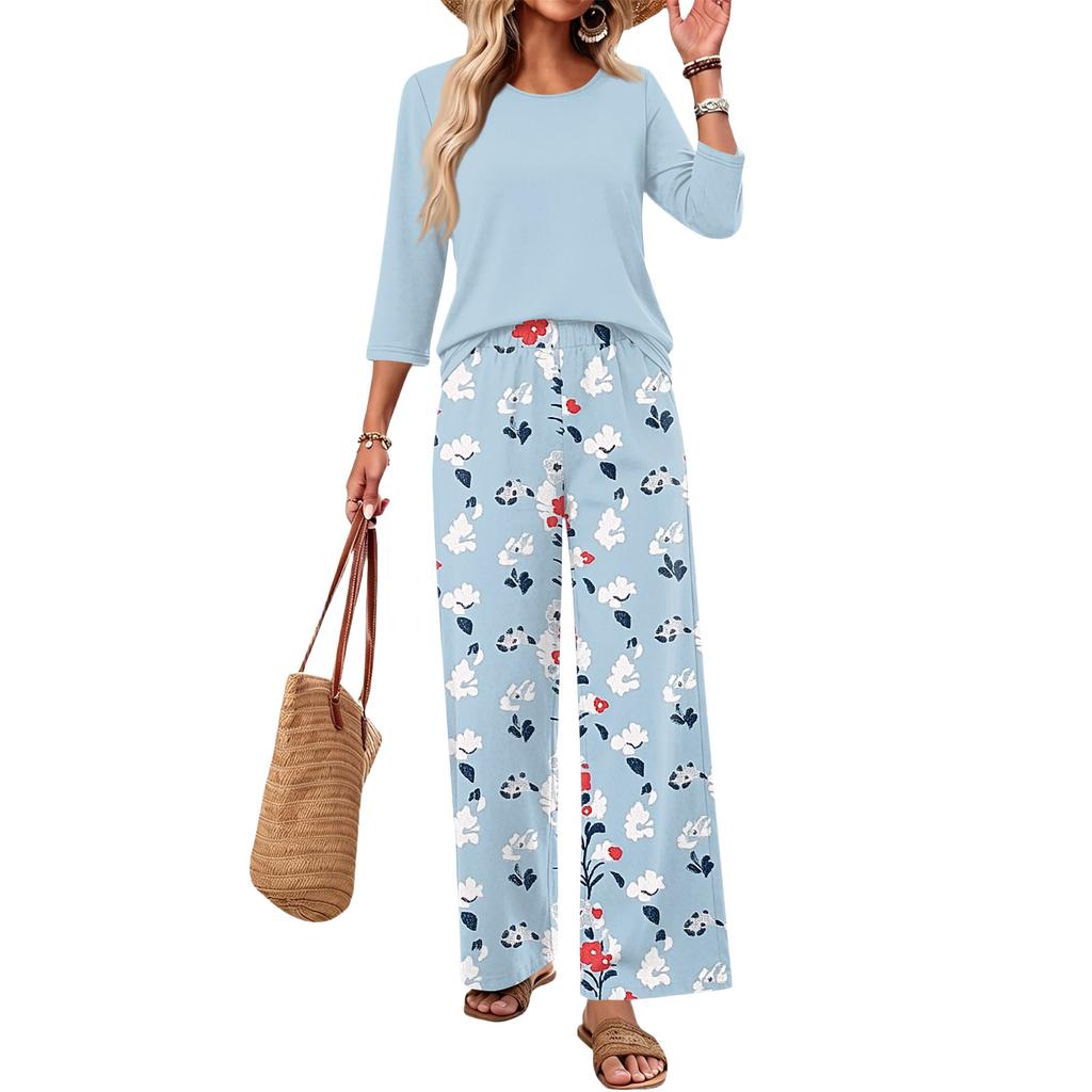 Women's Casual Two Piece Set Loose Fit Round Neck Top with Three Quarter Sleeves and Wide Leg Printed Pants Lounge Wear Set