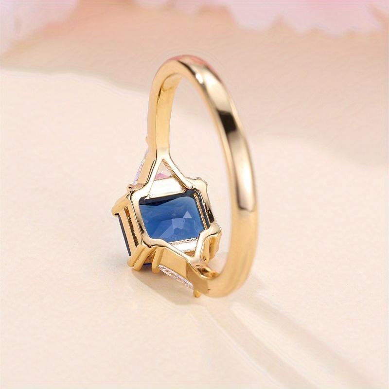 Exquisite Sparkling Blue Color Square Inlaid Zircon Ring, Suitable for Women's Banquet Party Accessories, Jewelry Gifts