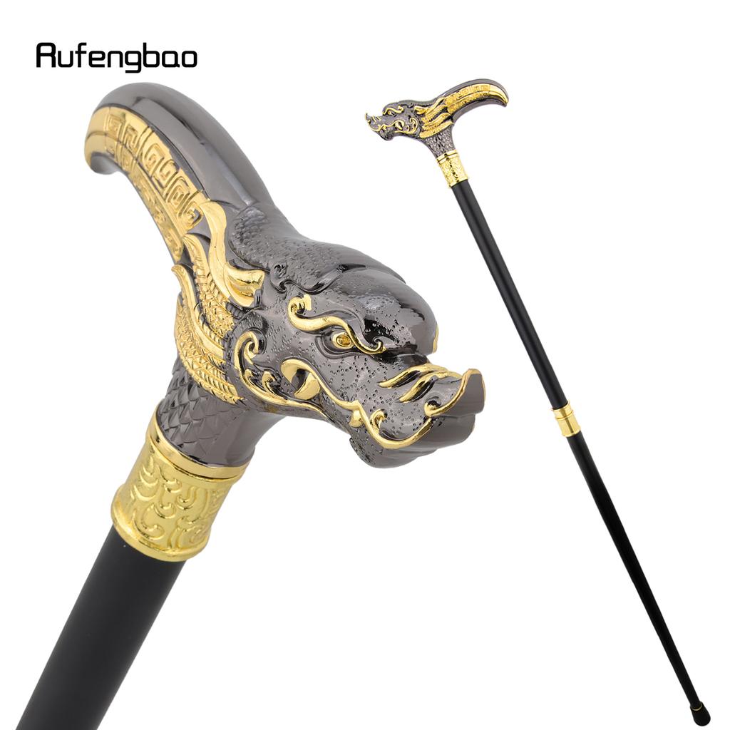 Golden Black Dragon Head Walking Cane Fashion Decorative Steel Stick Gentleman Elegant Cosplay Cane Knob Crosier Cane 93cm