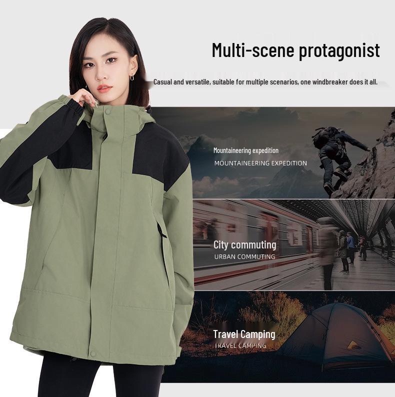 Unisex Color Block Windproof Jacket - 80 Velvet Down Inner Layer, Three-in-One Design for Outdoor Use