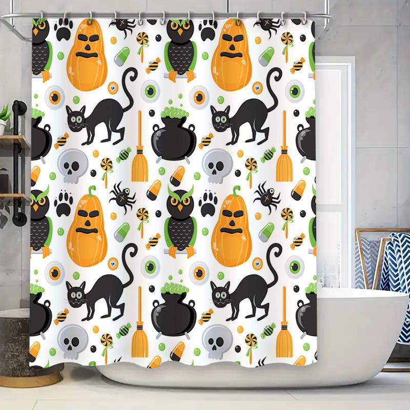 

Halloween-themed shower curtain with pumpkin, cat, witch hat, skull design, suitable for home bathroom decoration white size 180 90x180cm