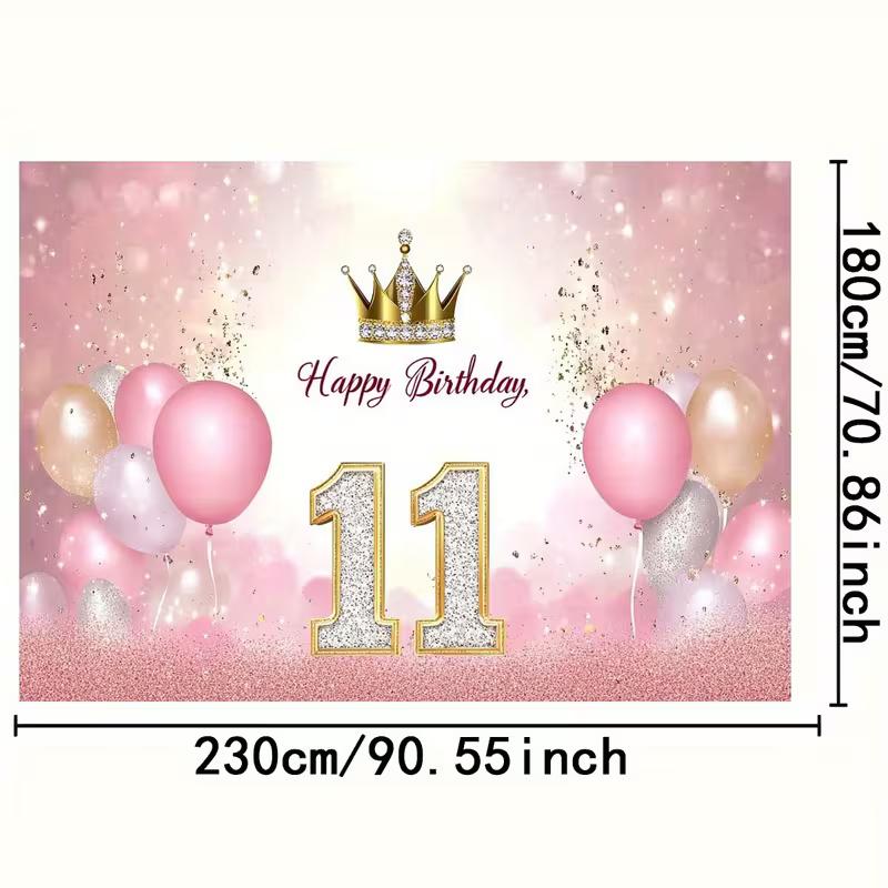 2D Happy 11th Birthday Backdrop Pink Gold Glitter Balloon Banner