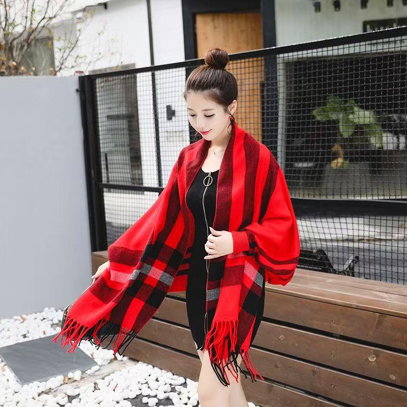New Style with Sleeves Knitted Women Shawl Double-sided Cape Jacket Plaid Knit Thickened Warm and Skin Friendly Cardigan