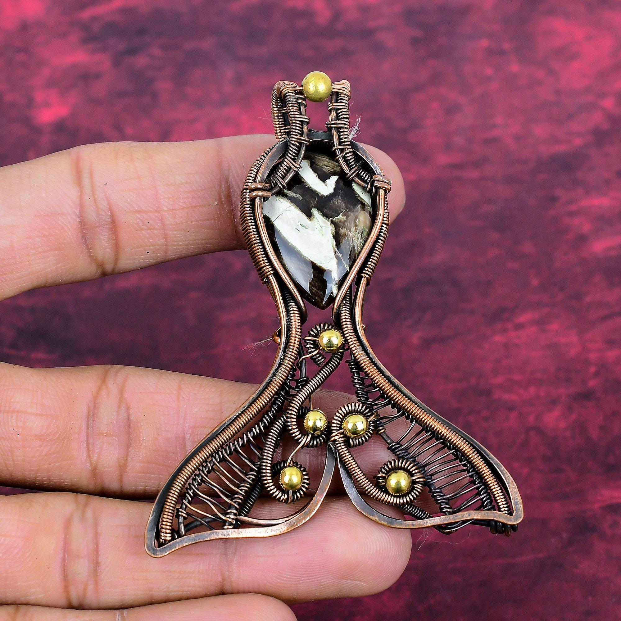 Peanut Wood Jasper Gemstone Pendant Copper Wire Wrapped Jewelry Fish Pendant