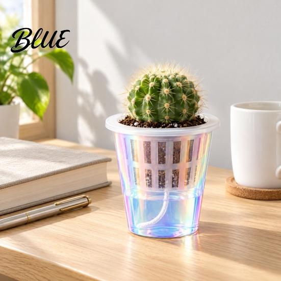Decorative Rainbow Shade Flower Pot Iridescent Clear Self Watering Planters Plant Pots with Reservoir Wick Rope Plastic Planter for Succulents 2.7