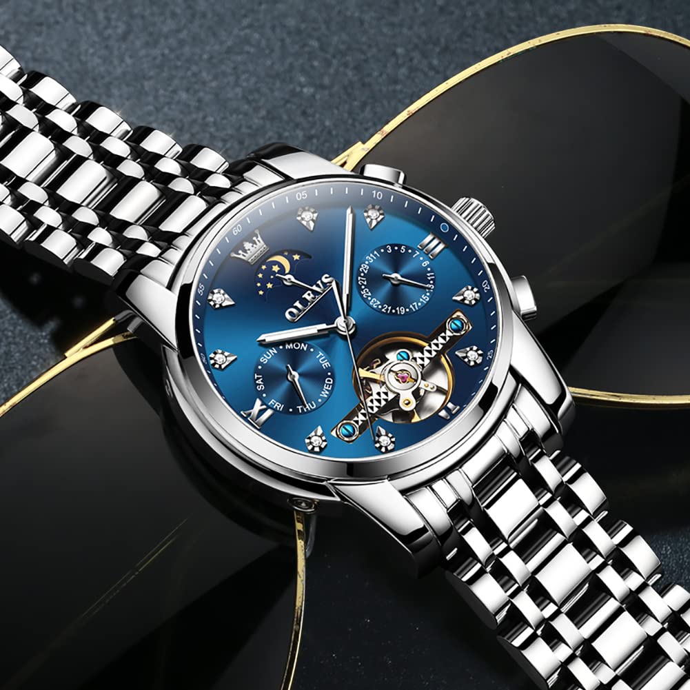 OLEVS Automatic Mechanical Business Watch with Hollow Openwork Luminous Stainless Steel a Great Gift for Men Men's Dial, Design, Waterproof, Band,