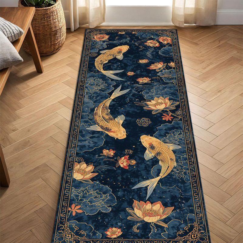 Chinese Koi Lotus Runner Rug Oriental Non-Slip Hallway Carpet Entryway Indoor Floor Mat Zen Home Decor