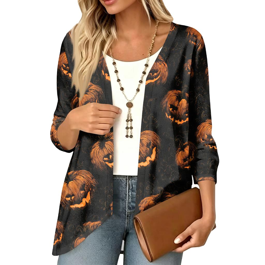 Cardigan décontracté léger ample à manches 3/4 imprimé pour femme pour Halloween