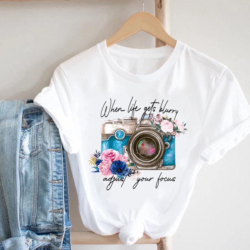 T-shirt Top Imprimé Libellule Fleur pour Femme Vêtement Mode d'Été T-shirt Décontracté Manches Courtes pour Dame Femme T-shirt Graphique