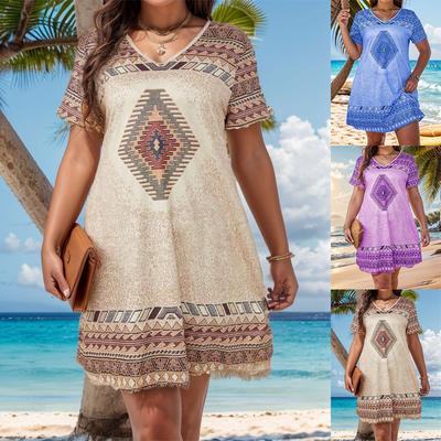 Vintage V-neck Dress for Women Summer Print Short Sleeve Short Dress Casual Fashion Work Vacation Dress Breathable Lightweight Comfort Plus Dress