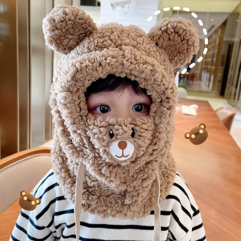 Children's bear hat, mask, scarf, integrated women's autumn and winter thickened plush scarf, ear protection, cute warm cotton hat