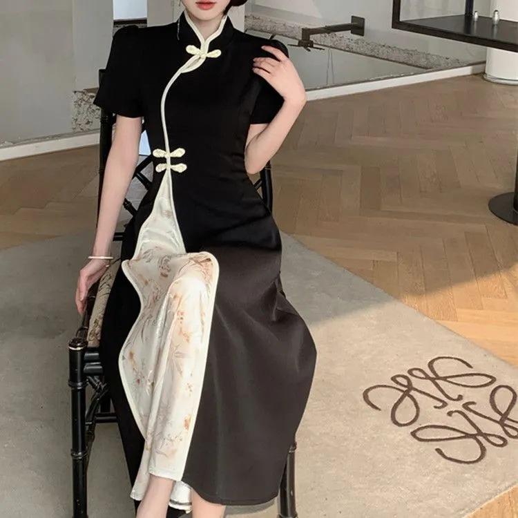 Noua cataramă cu disc în stil chinezesc, rochie cheongsam îmbunătățită cu mâneci scurte, talie retro de vară, fustă subțire și lungă