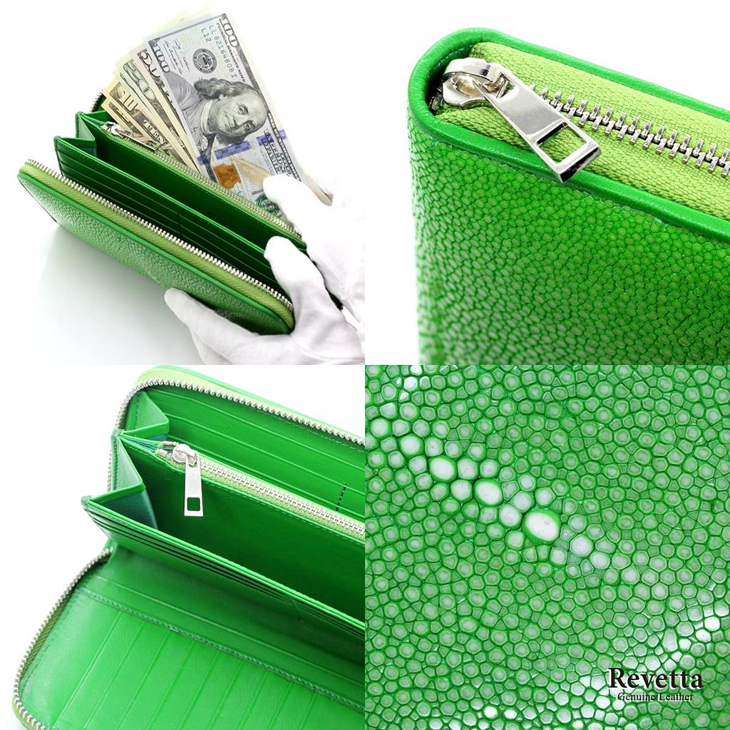 [Revetta] Stingray Leather Long Wallet with Round Zipper, Available In 9 Colors: Stingray, Galuchat, Light Green, and Yellow-Green, Genuine Leather,