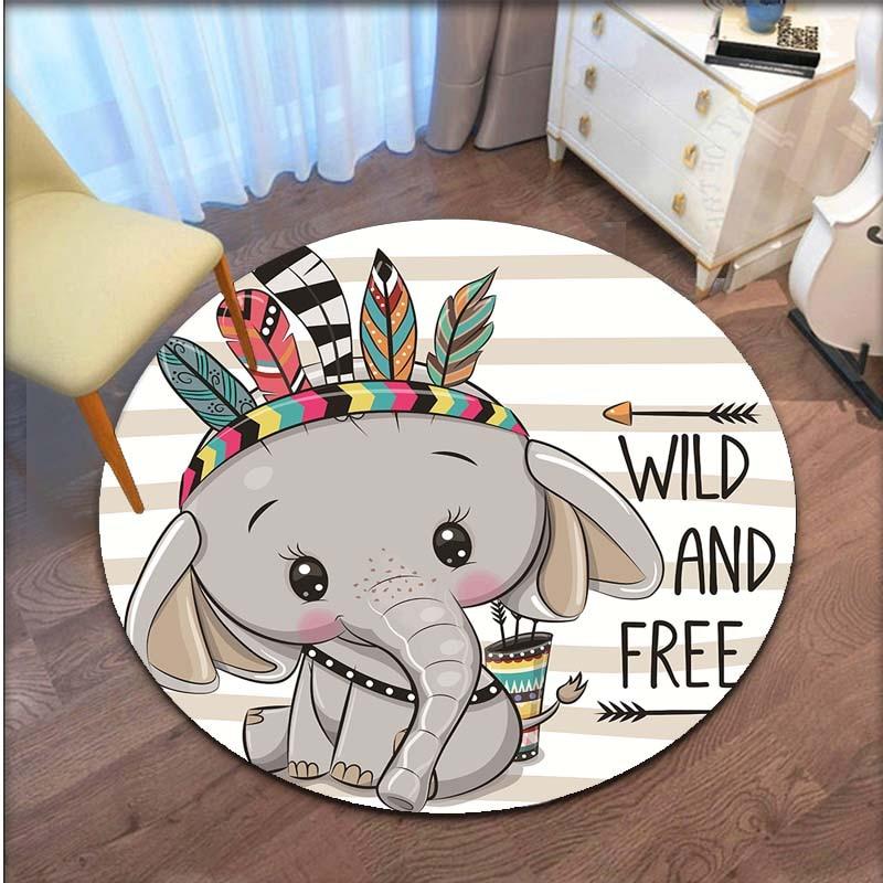 Cartoon Tier runder Teppich Teppich für Wohnzimmer Kinderzimmer Eule Elefant Löwe Bodenmatte Kinder Schlafzimmer