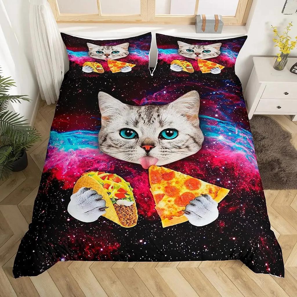Galaxy Cat Duvet Cover Set Girls 3D Digital Cat Bedding Set Galaxy Colorful Cat Starry Sky Comforter Cover Lover Quilt Cover