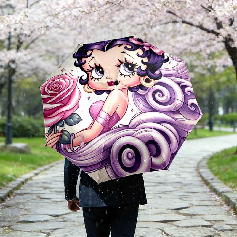 1pc Sturdy 8-Bone Auto Umbrella, Betty Boop Umbrella, Digital Printed, Foldable Umbrella for On-the-Go Outdoor Use