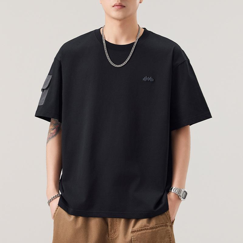 Pocket Short-sleeved T-shirt for Men's Summer New Embroidered Five-quarter Sleeve T-shirt Round Neck Loose