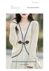 2025 Spring/Autumn Elegant V-Neck Horn Button Color Block Knit Cardigan for Women - Soft, Cozy, and Versatile.