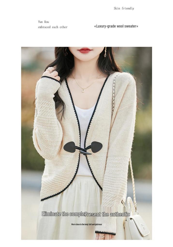 2025 Spring/Autumn Elegant V-Neck Horn Button Color Block Knit Cardigan for Women - Soft, Cozy, and Versatile.