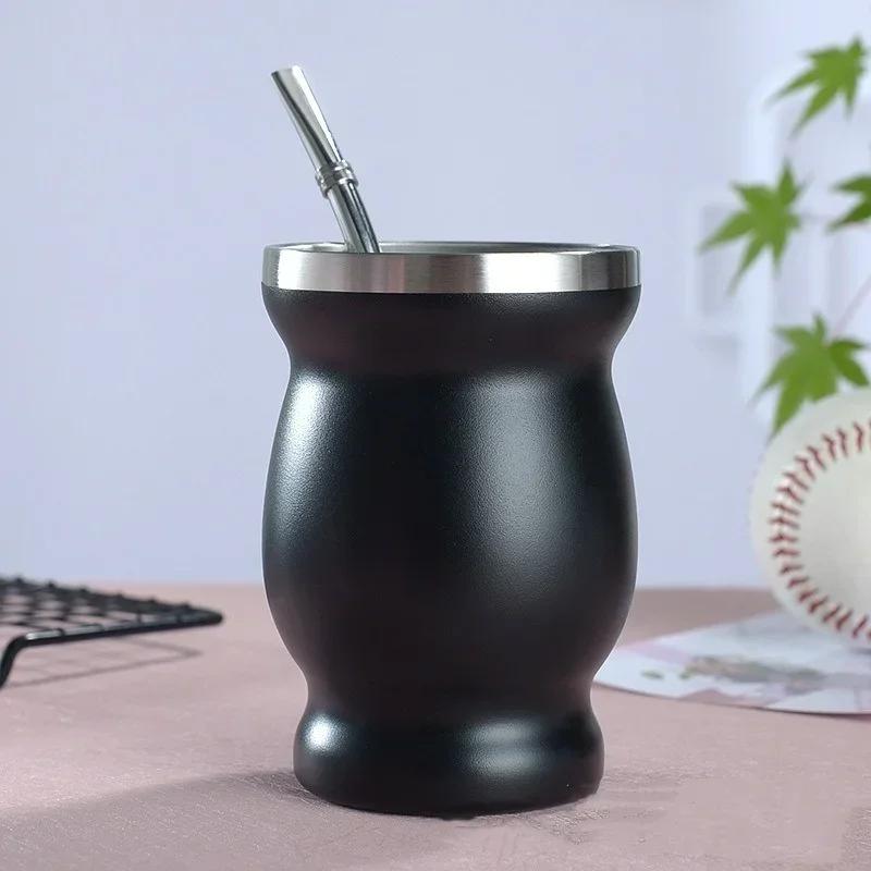 304 Stainless Steel 8Oz Matai Cup Gourd Shaped Tea Cup with Straw Spoon Heat Insulation Water Cup