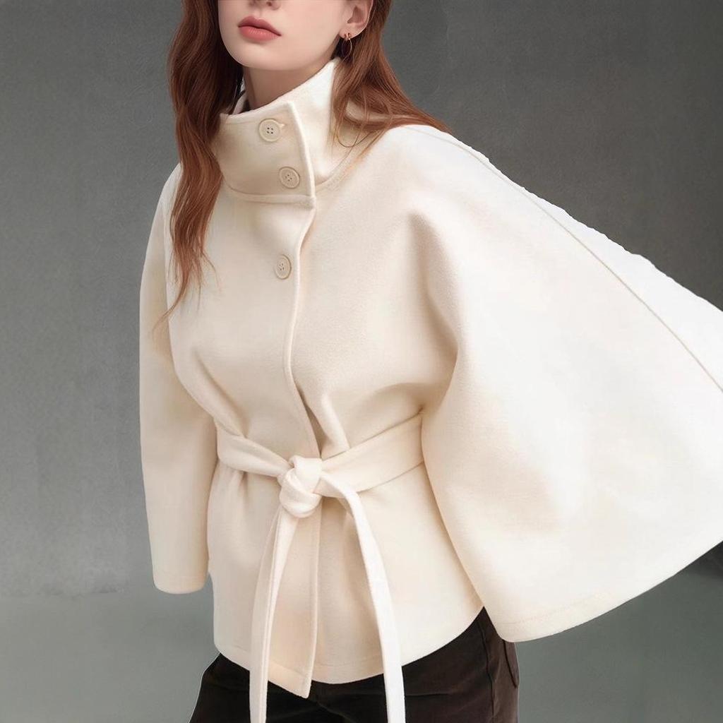 European and American Women's Autumn/Winter Wool Cape Coat with Stand Collar and Belt