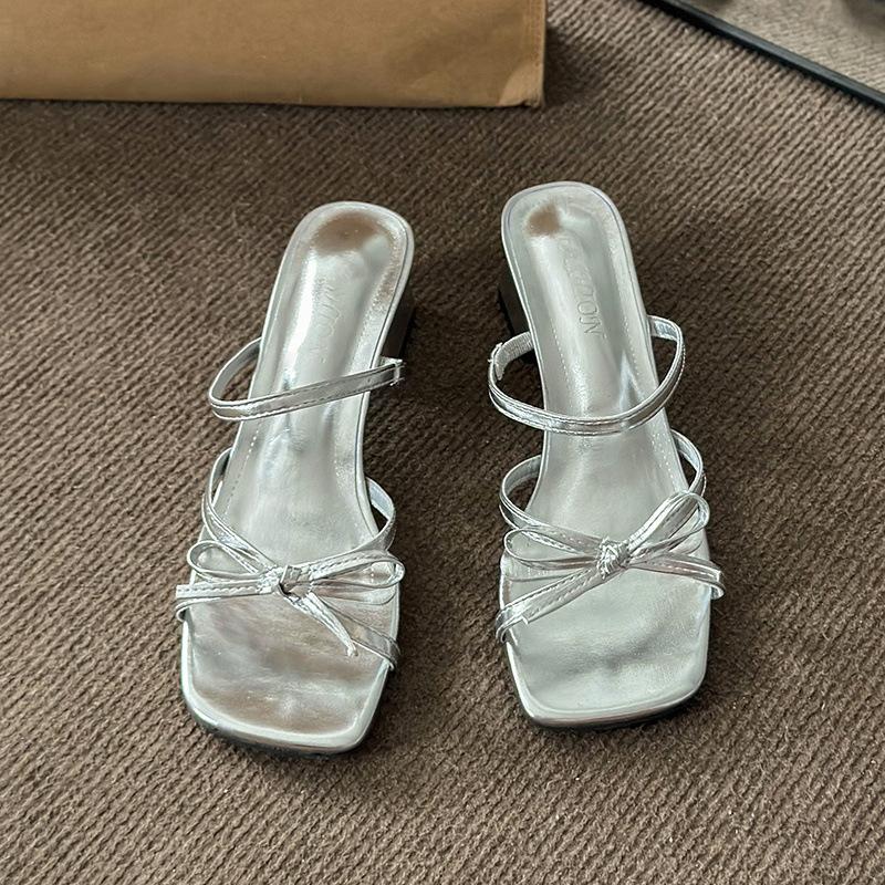 

Beautiful with skirt silver sandals women s new summer bow cool slippers thick high heels 40 серебряный