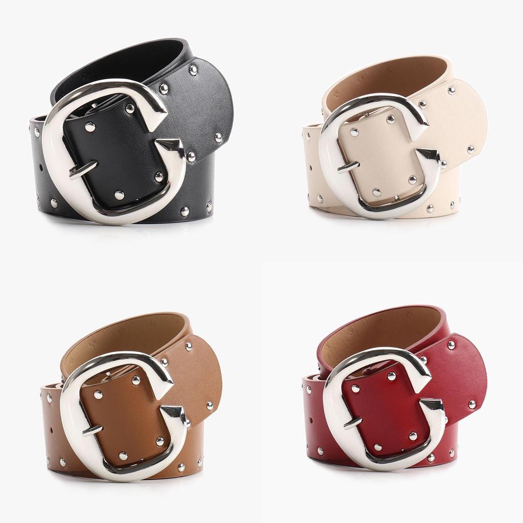 Hop Hip Inspired Women Leather Belt With Double Row Rivets And Large Buckle C