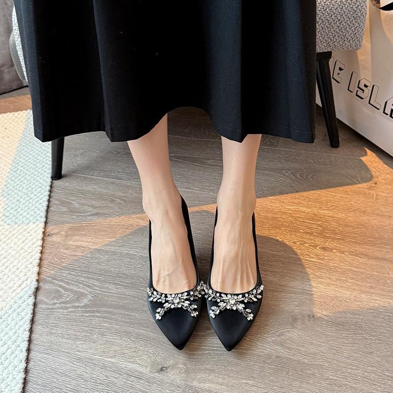 Temperament Rhinestone Black Professional High Heels Fattened Widened Large Size Women's Shoes