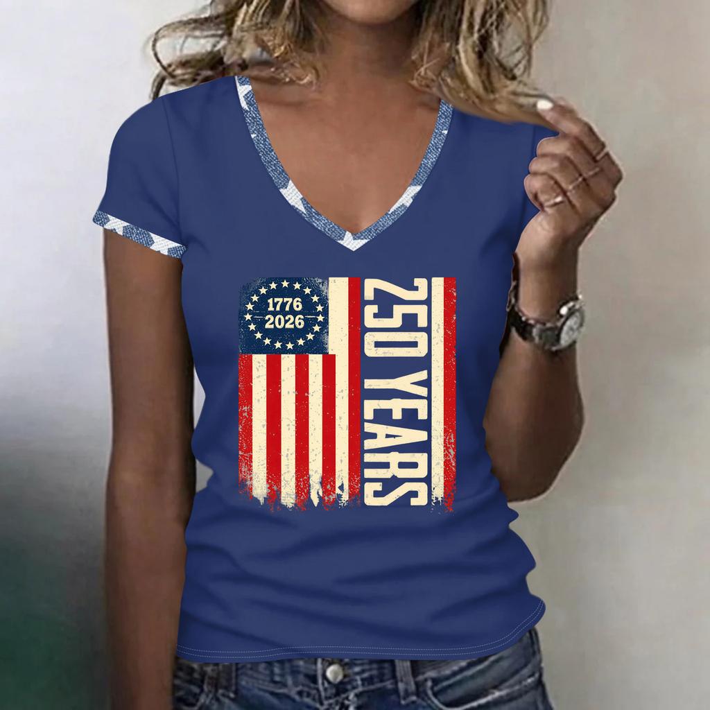 Womens V Neck Short Sleeve T Shirt 250 Years 1776 2026 Graphic Print Casual Loose Fit Top for Everyday Wear
