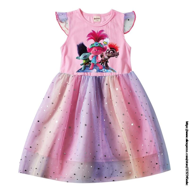 Children Cosplay Costume Trolls 2 Birthday Party Tutu Dress for Girls Sequin Top Pastel Clothing Kids Pink Vestidos 2 To 10 Year