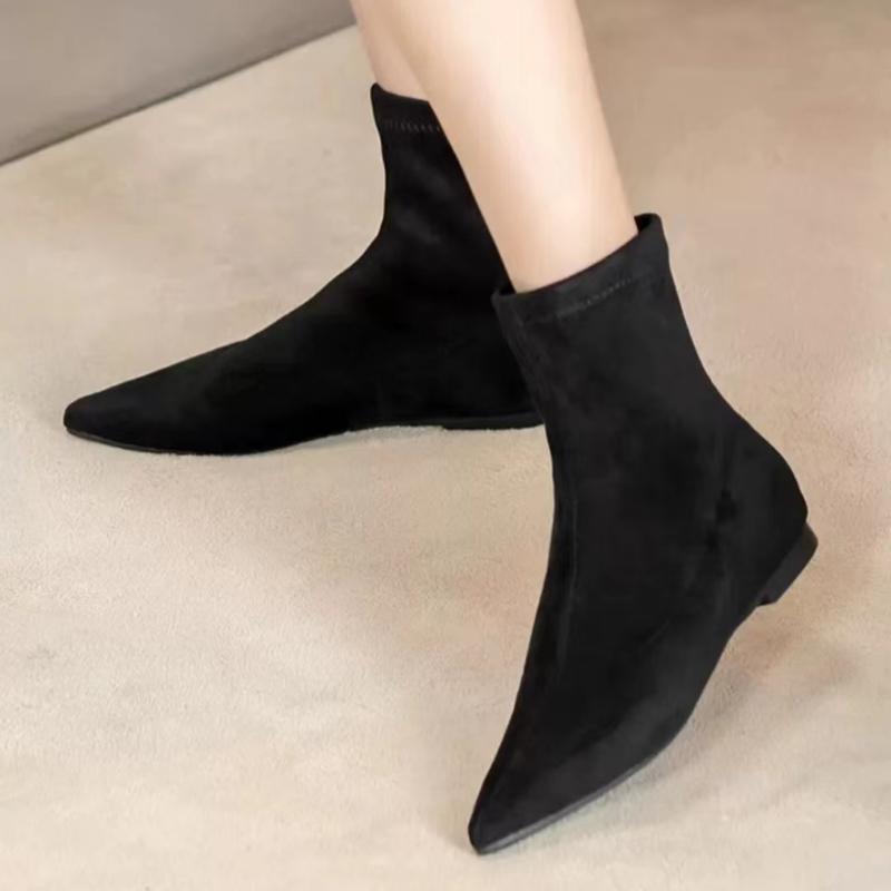 Fashion Luxury Women Black Flock Sock Flats Thin High Heels Elastic Knitting Boots Winter Fabric FlockAnkle Boots Boots Women